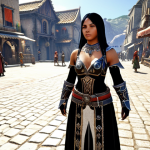 **A Black Desert Online character wearing a highly customized, uniquely dyed costume, standing in a town square, surrounded by other players. The costume should be detailed and eye-catching, showcasing the game's customization options.**
