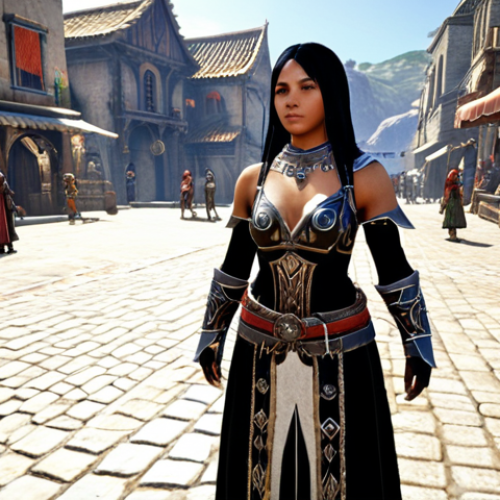 **A Black Desert Online character wearing a highly customized, uniquely dyed costume, standing in a town square, surrounded by other players. The costume should be detailed and eye-catching, showcasing the game's customization options.**