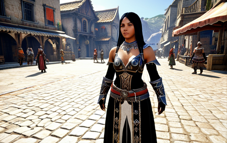 **A Black Desert Online character wearing a highly customized, uniquely dyed costume, standing in a town square, surrounded by other players. The costume should be detailed and eye-catching, showcasing the game's customization options.**